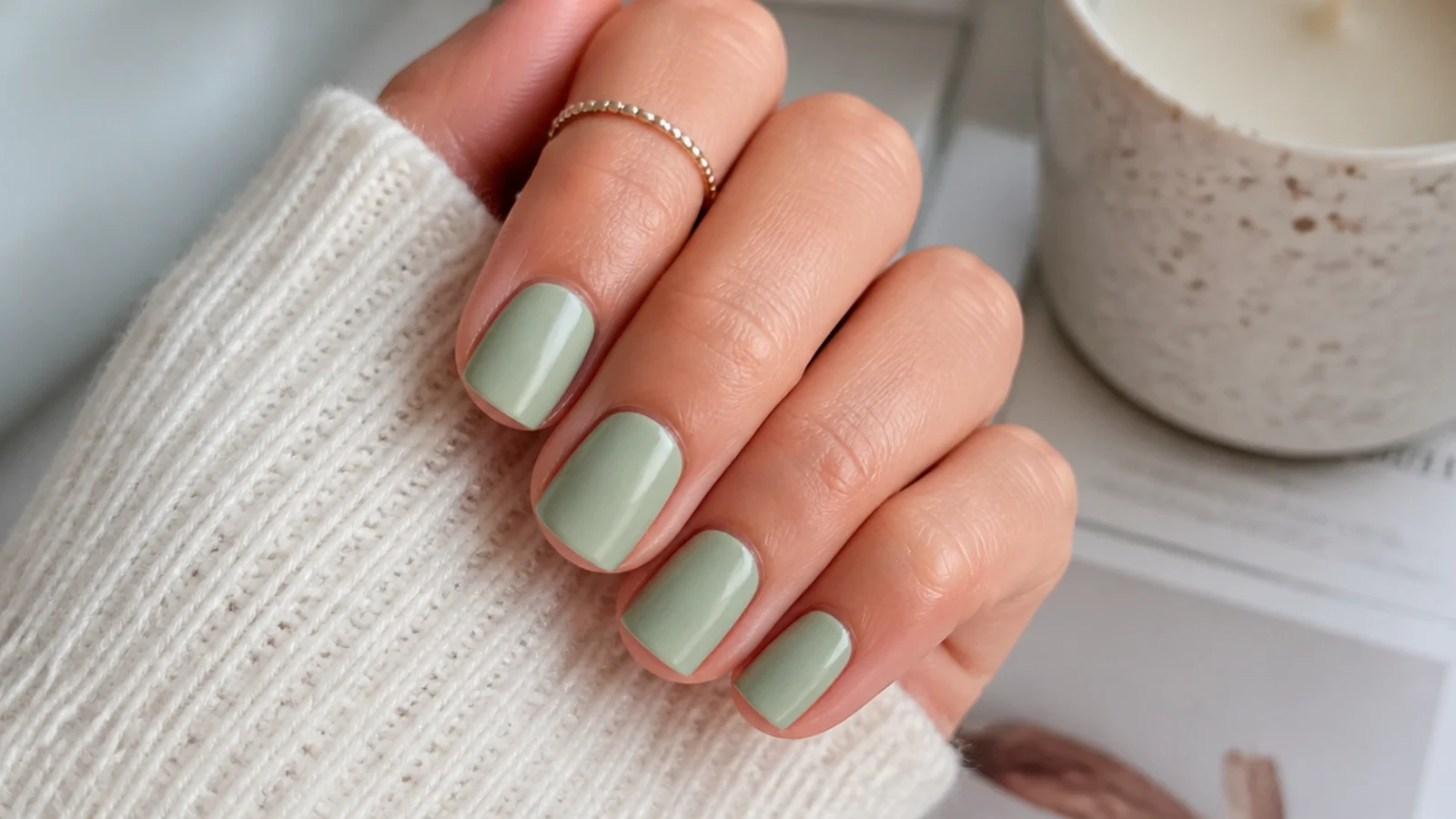 Short square nails in soft pistachio green with a creamy matte-leaning finish