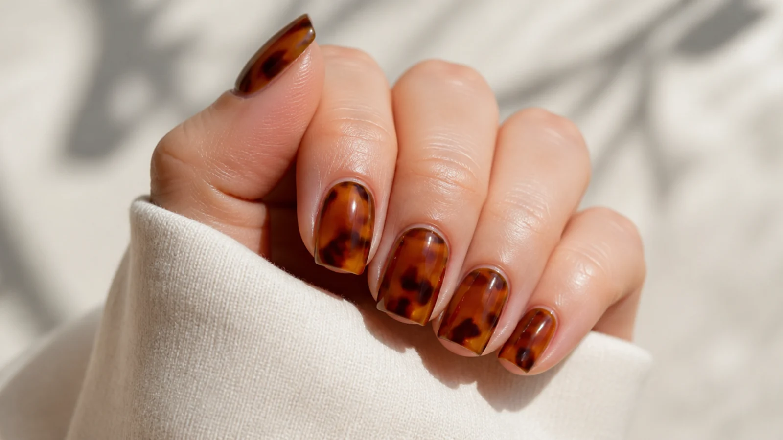 Short square nails with amber and dark brown mottled tortoiseshell patches