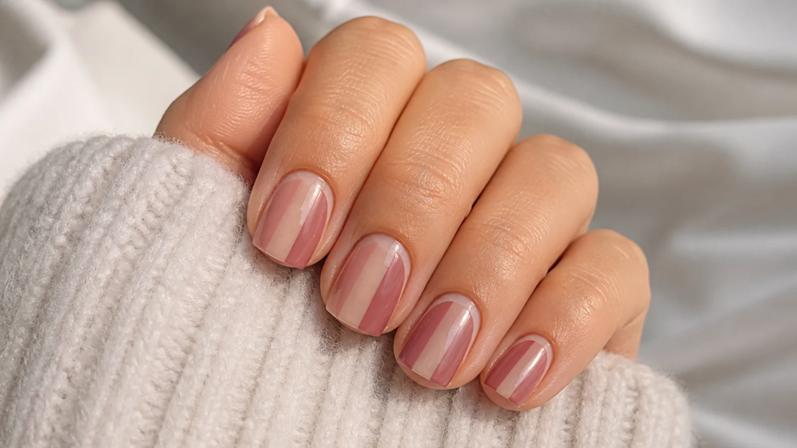 Short square nails with a bare vertical stripe of natural nail between two blocks of color