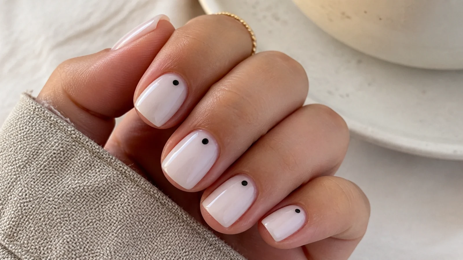 Short square nails in milky white with a single small black dot near each cuticle
