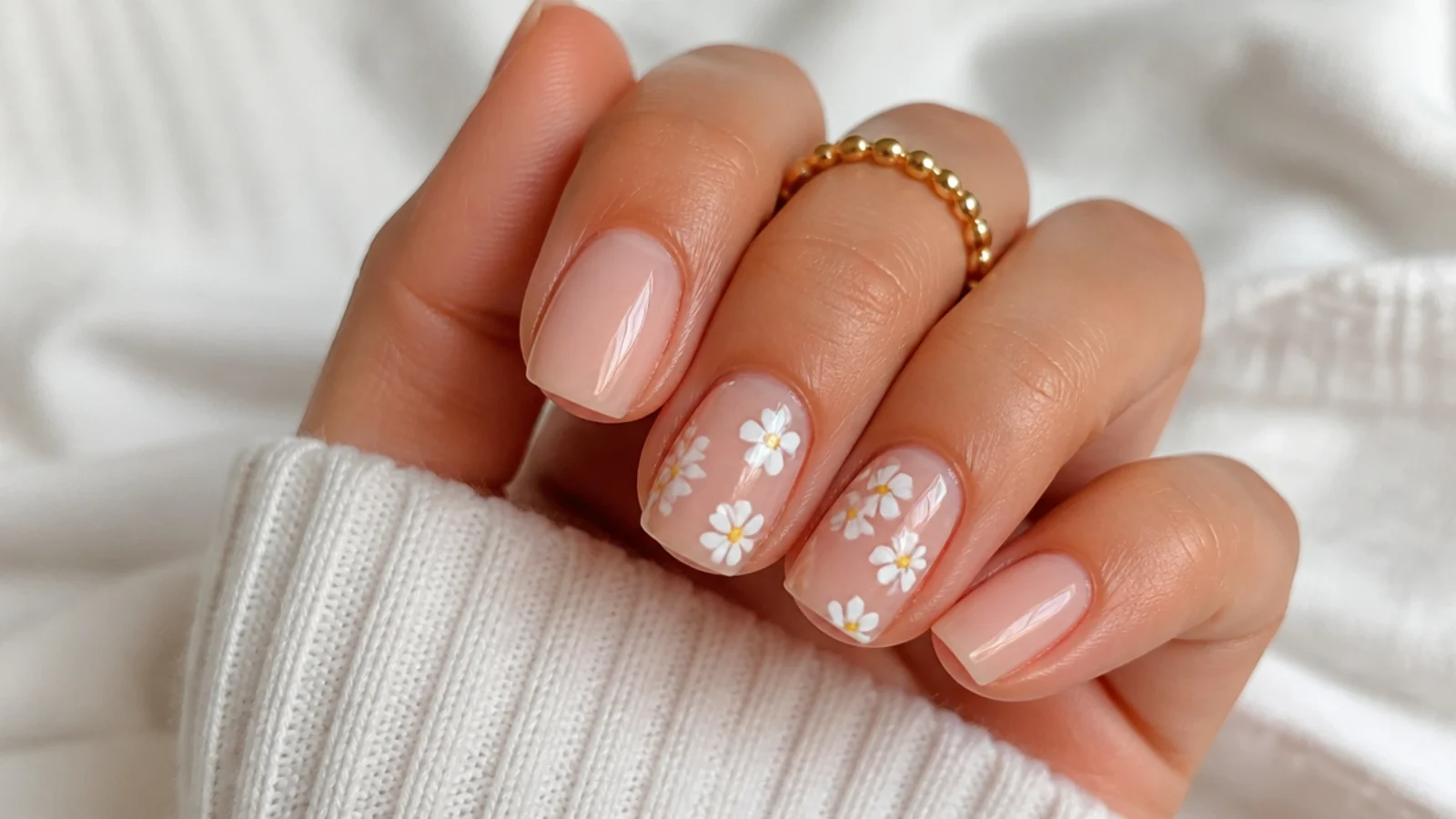 Short square nails in sheer nude with tiny white daisies and yellow centers on two accent nails