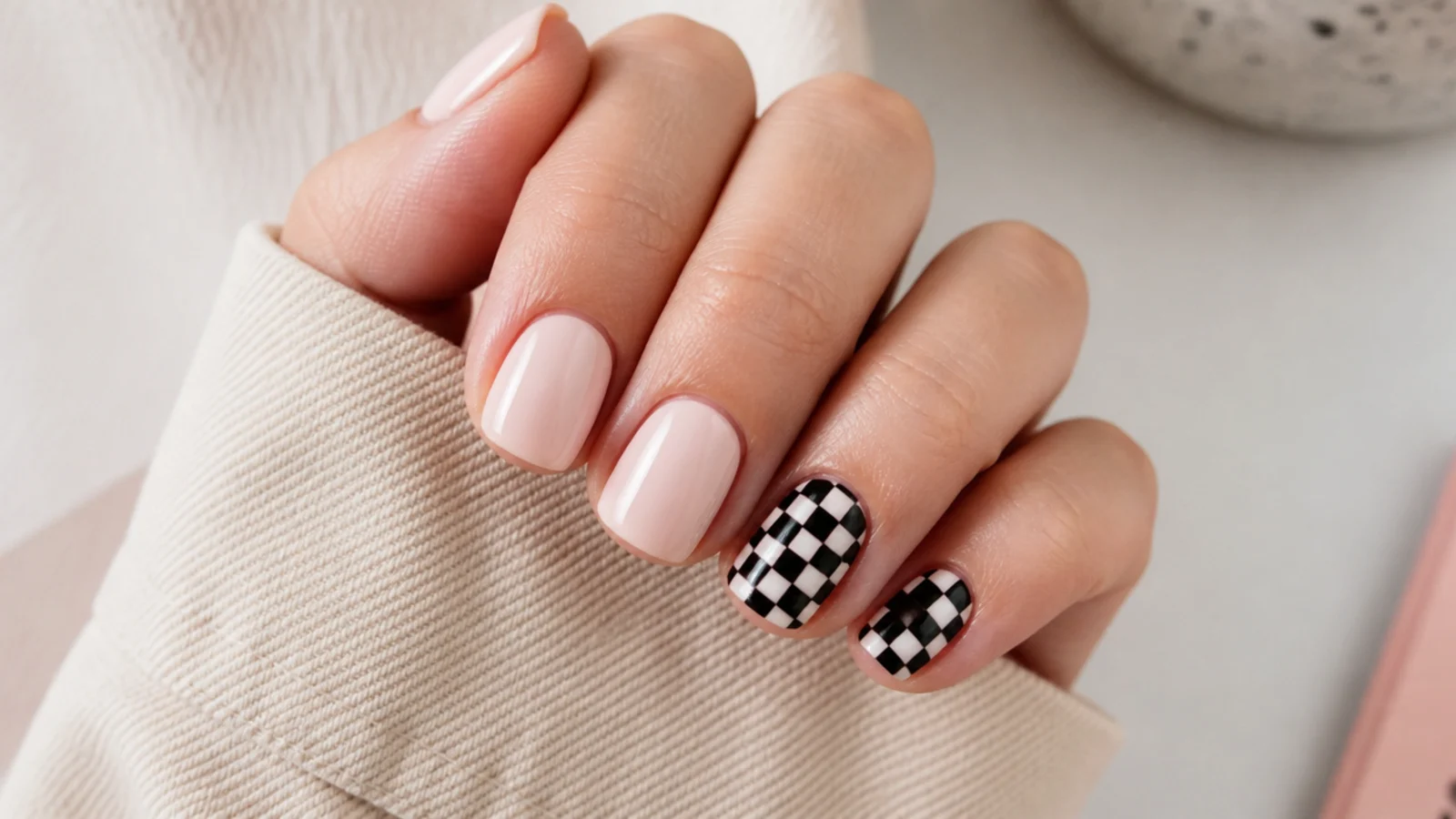 Short square nails with a small black and white checkerboard pattern on two accent nails