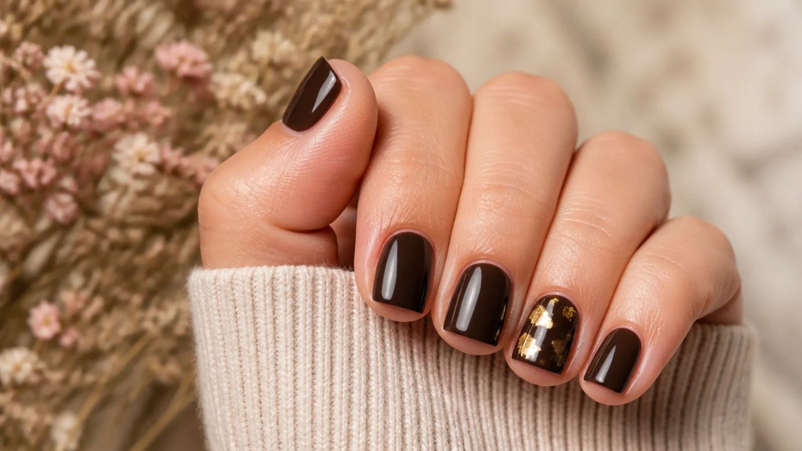 Short square nails in espresso brown with torn gold leaf foil fragments on one accent nail