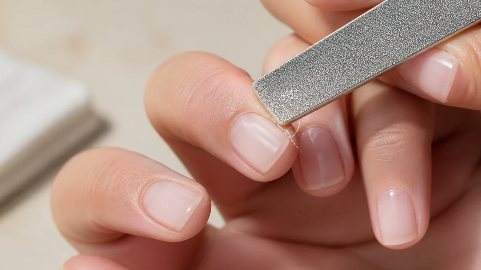 Close-up of a short square nail corner being beveled at 45 degrees with a fine grit file