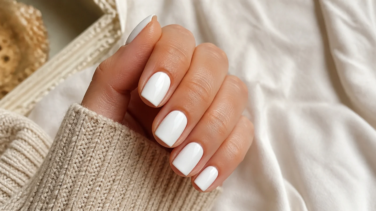 Short square nails in milky white with flat straight tips and lightly beveled corners
