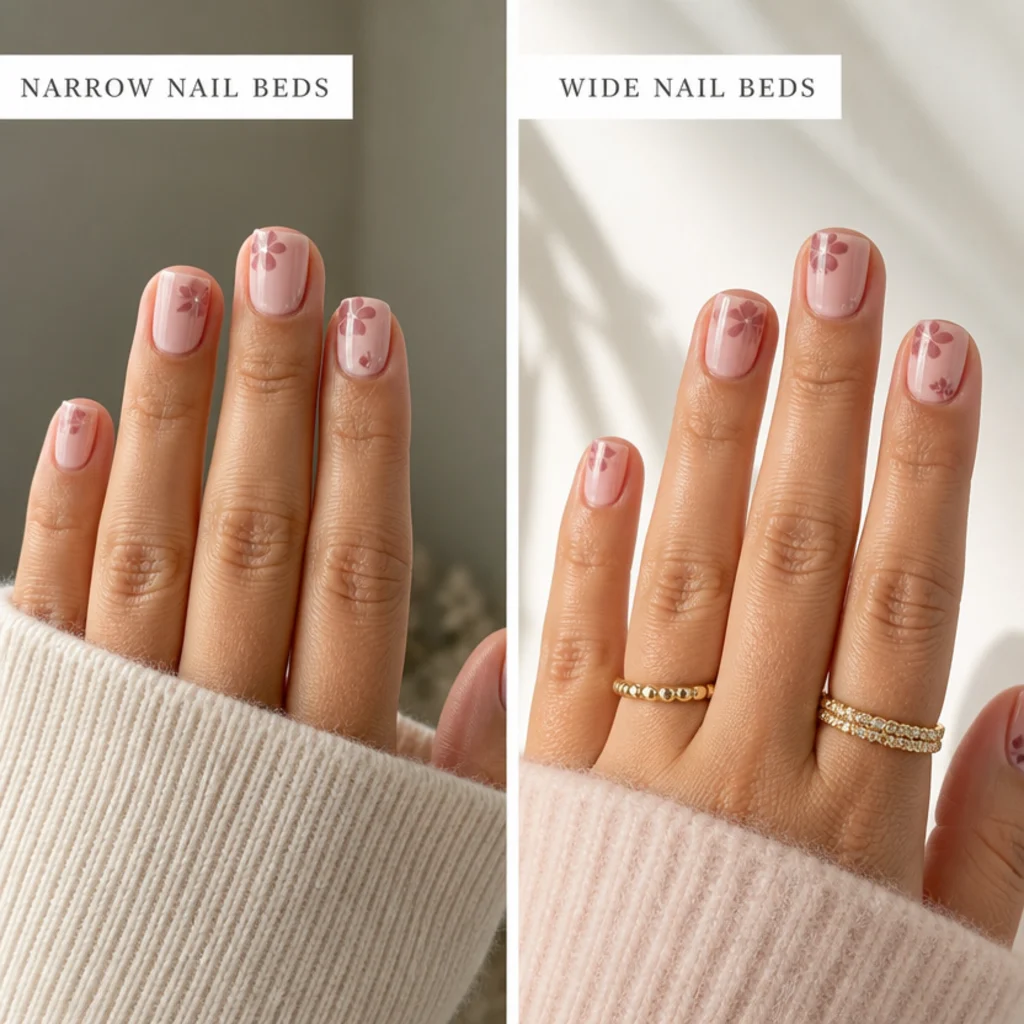 Two hands compared showing narrow and wide short nail beds filed square