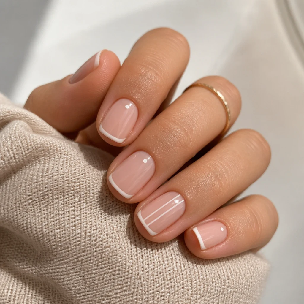 Short square nails with micro French tips, a single dot and a negative space stripe compared