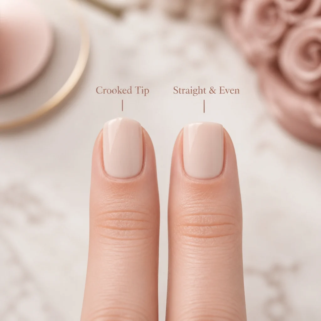 Two short square nails compared, one with a crooked tip and one filed straight and even