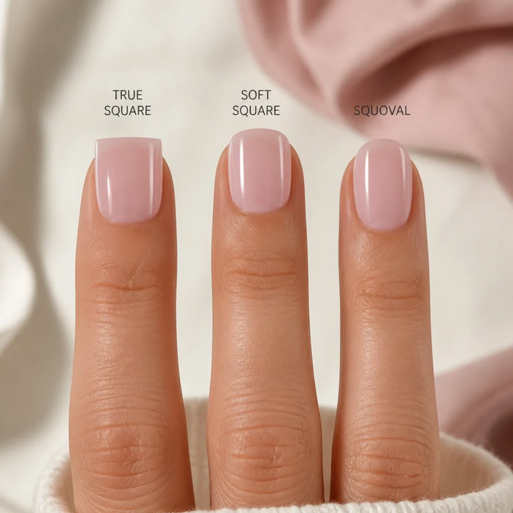 Three short nails compared showing true square, soft square and squoval filings side by side