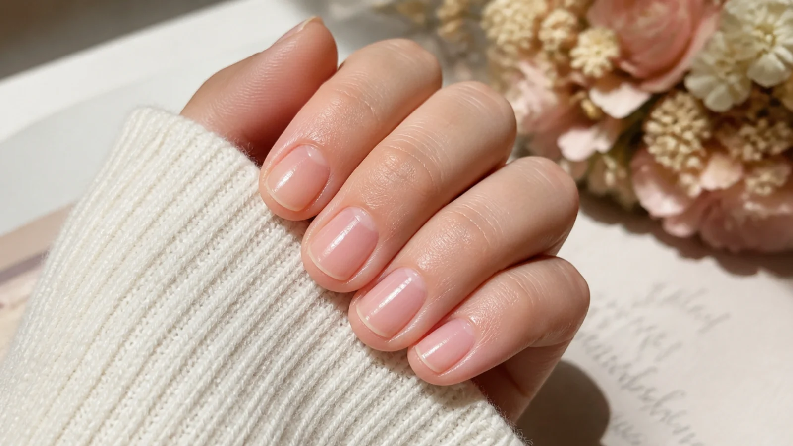 Bare short nails with a clear high shine top coat and neatly pushed back cuticles