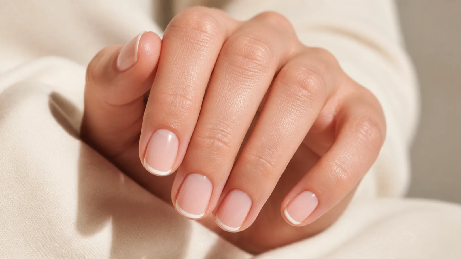 Short nails with a hairline white micro French tip painted along the free edge on a bare base
