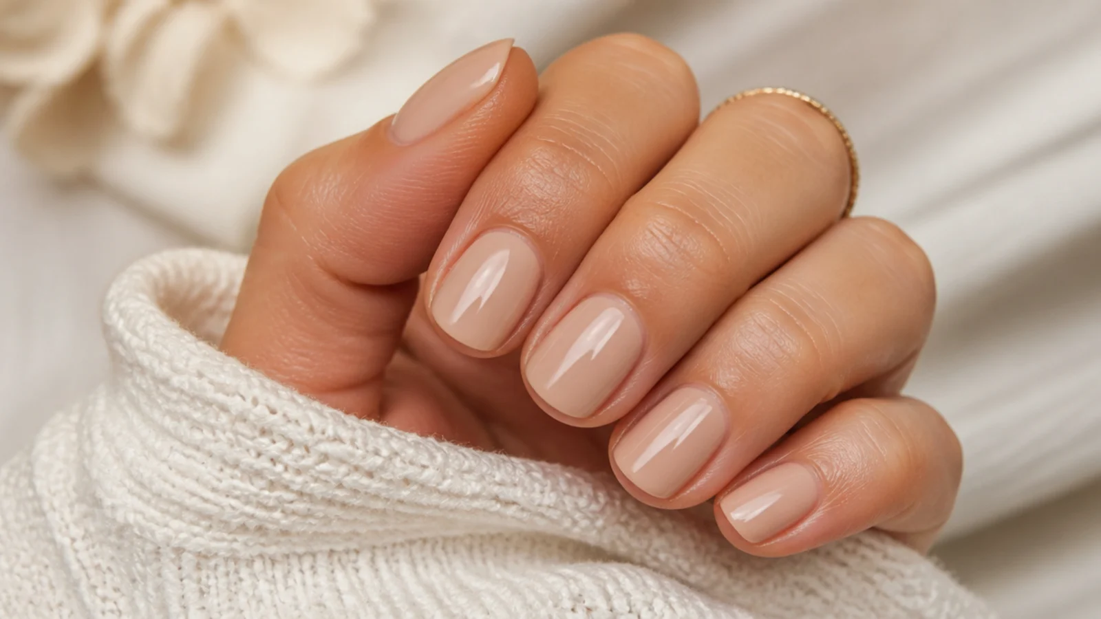 Short nails in a sheer beige nude that matches the finger tone for an unbroken line