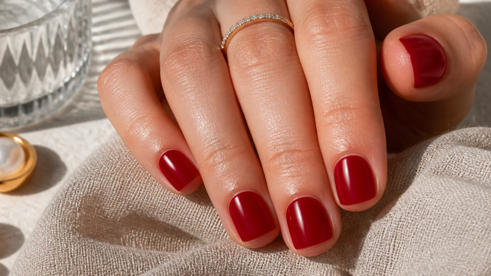 Short square nails in glossy cherry red with a clean straight tip and high shine