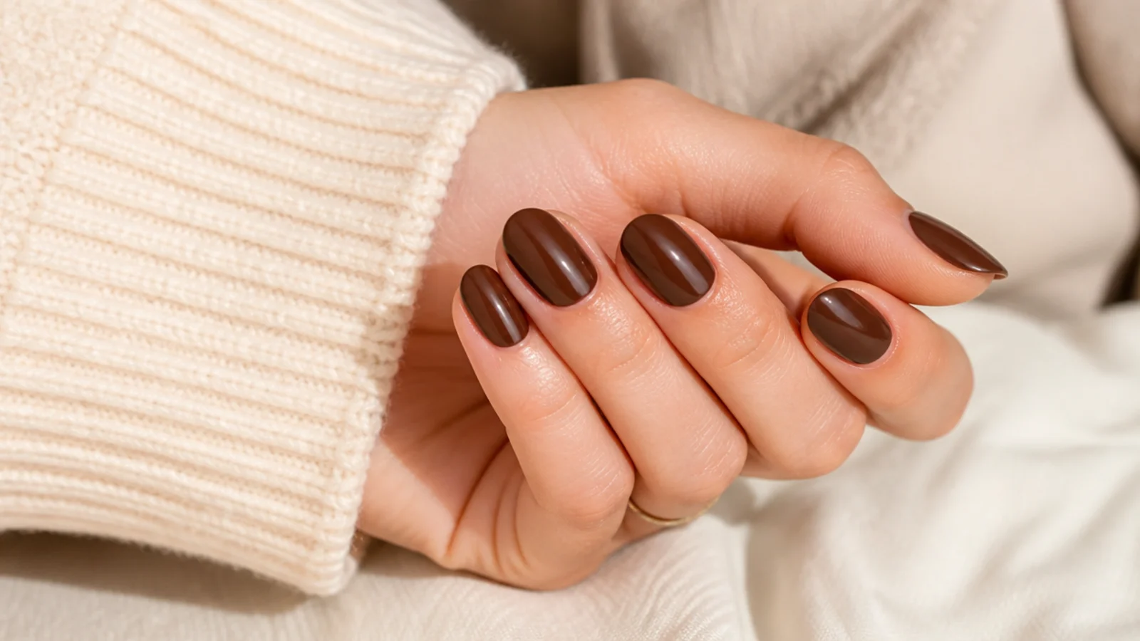 Short almond nails in glossy espresso brown with a smooth even cuticle line