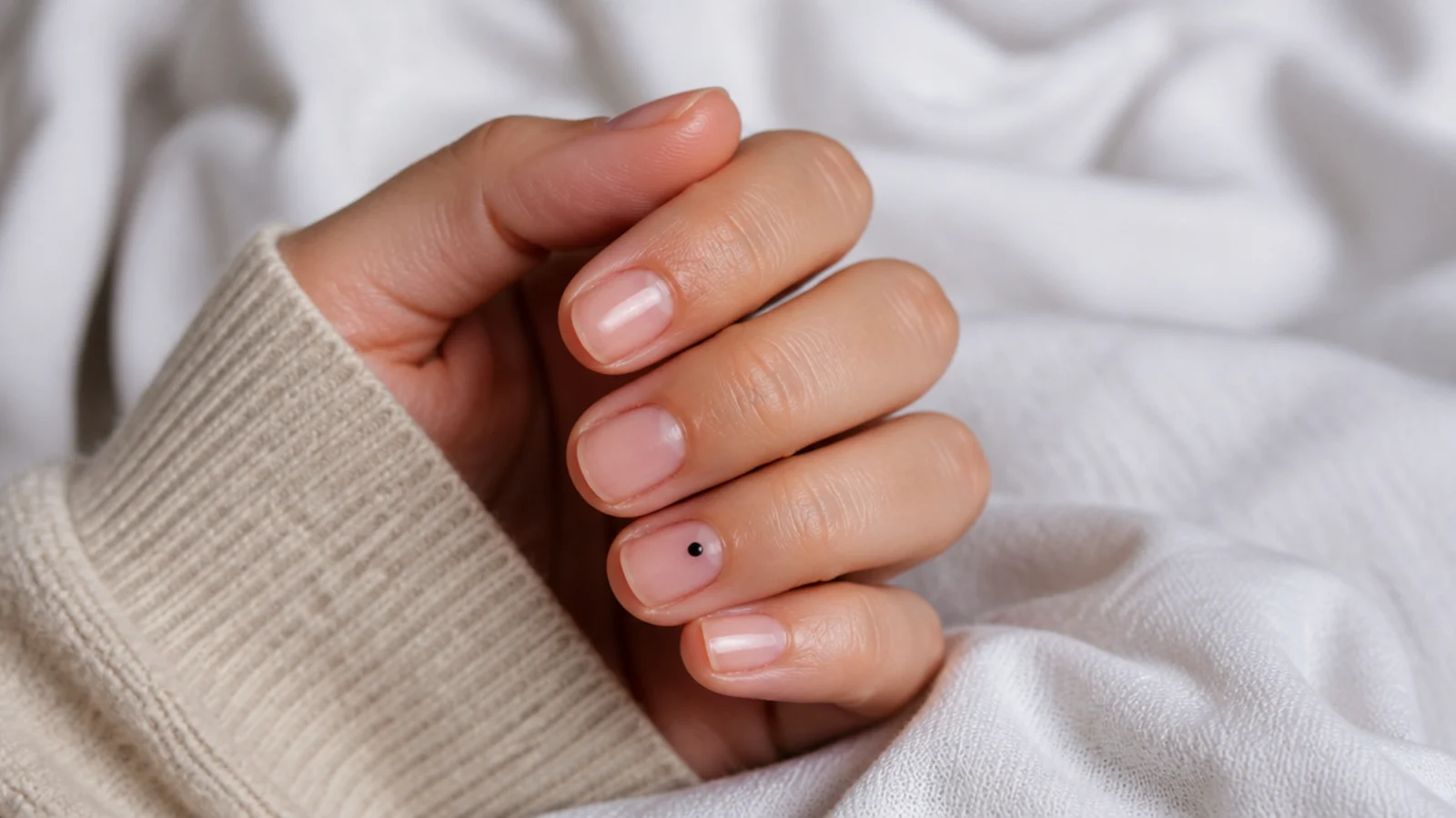 Bare short nails with one tiny black dot painted near the cuticle of each ring finger