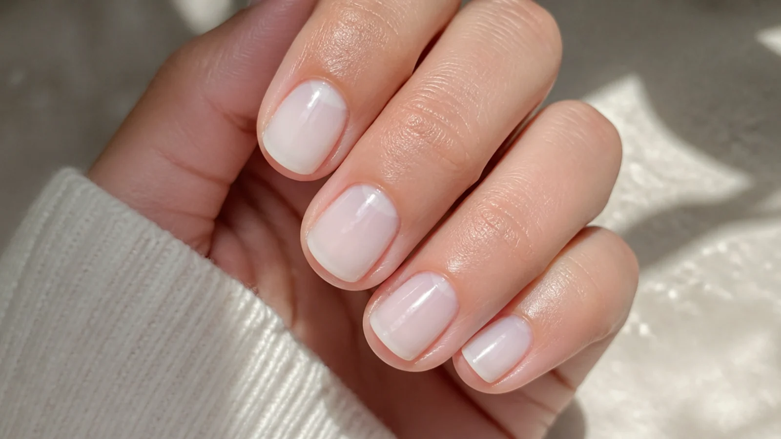 Short nails in translucent milky white showing a soft natural nail line beneath