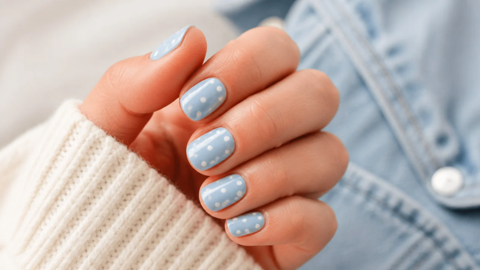 Short nails in pale blue with evenly spaced small white polka dots across each nail