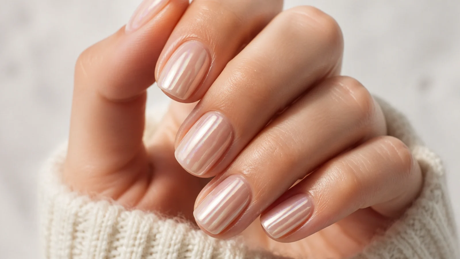 Short nails with pearlescent chrome powder buffed over a sheer nude gel base