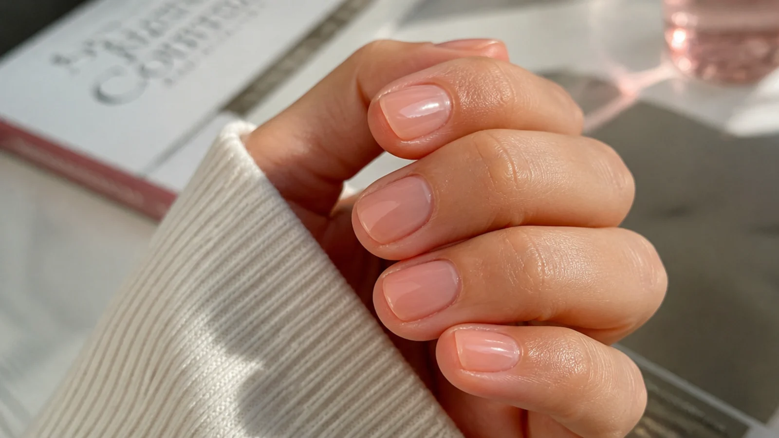 Short nails in translucent jelly peach with the natural nail visible through the tint