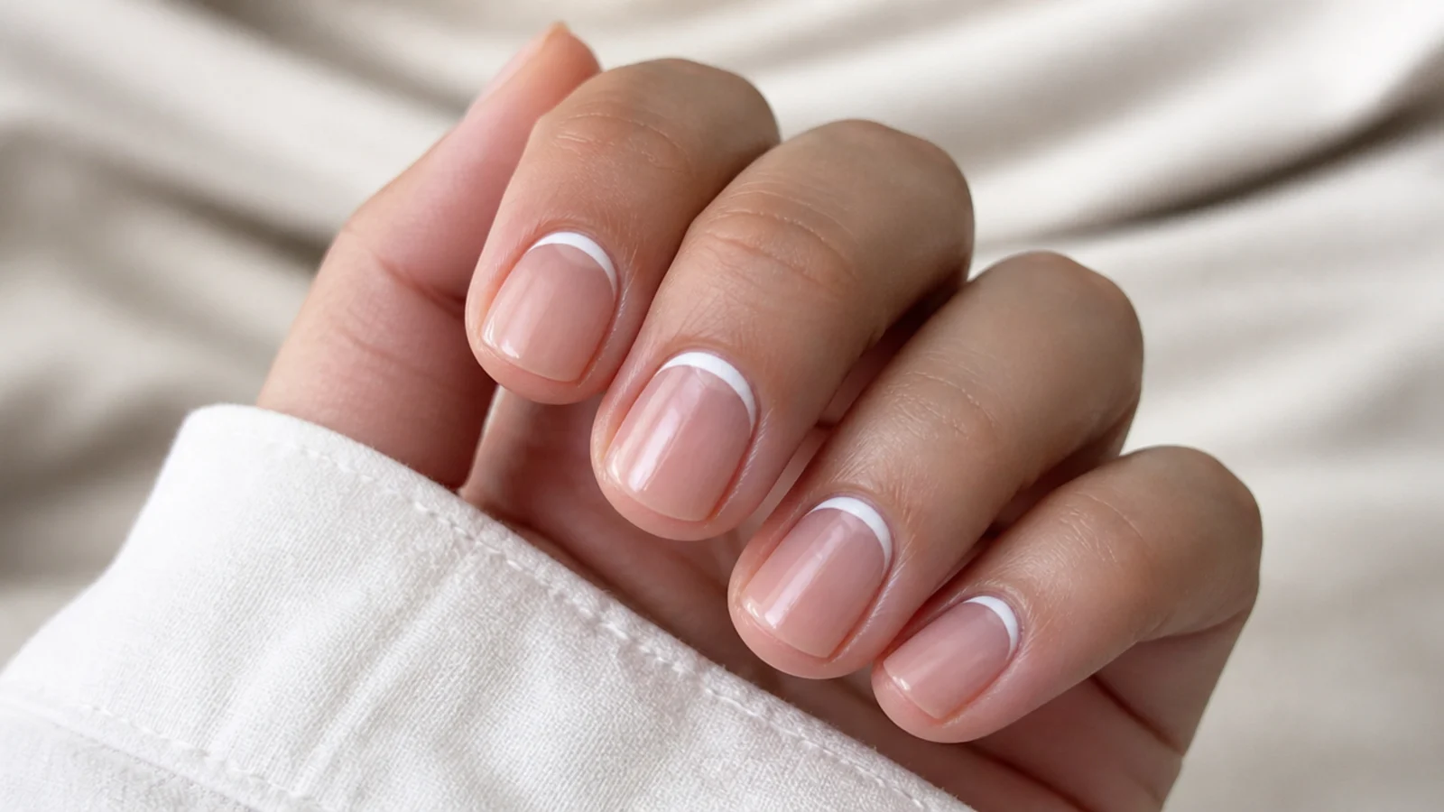 Short nails with a thin curved white line painted at the cuticle instead of the tip