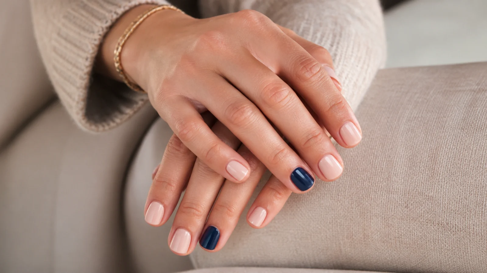 Short nude nails with one glossy navy accent nail on the ring finger of each hand