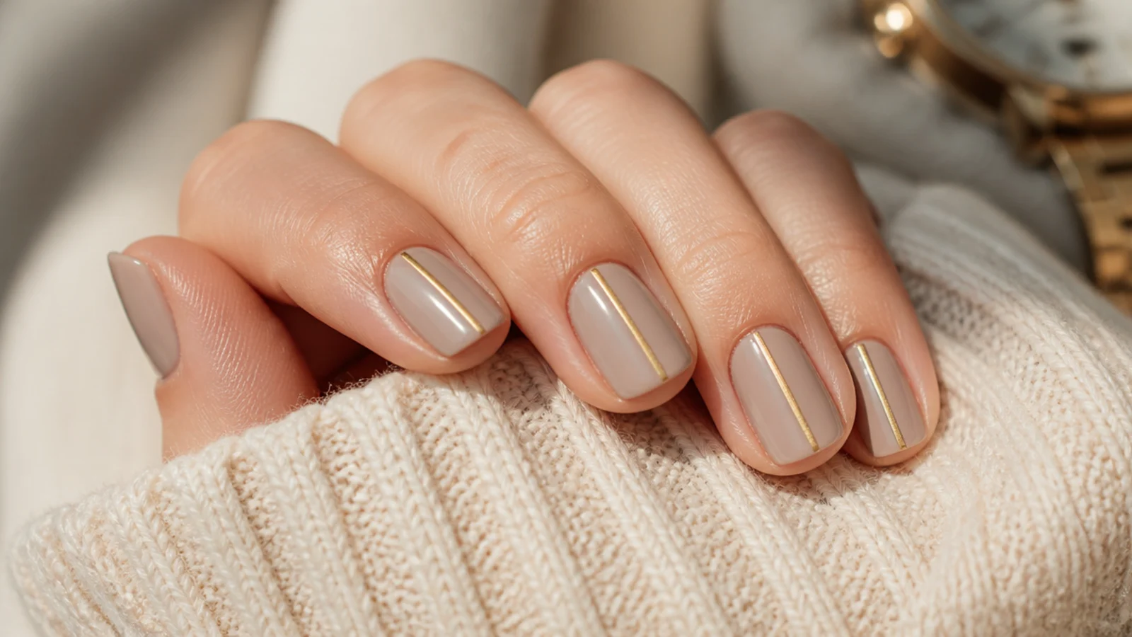 Short nails in soft taupe with a single thin vertical gold stripe down the center