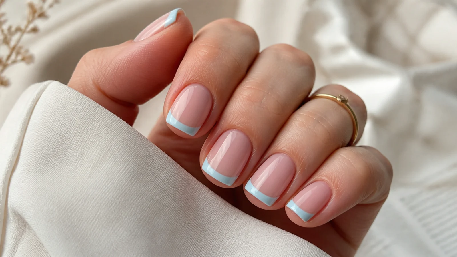 Short square nails with baby blue French tips on a sheer pink base