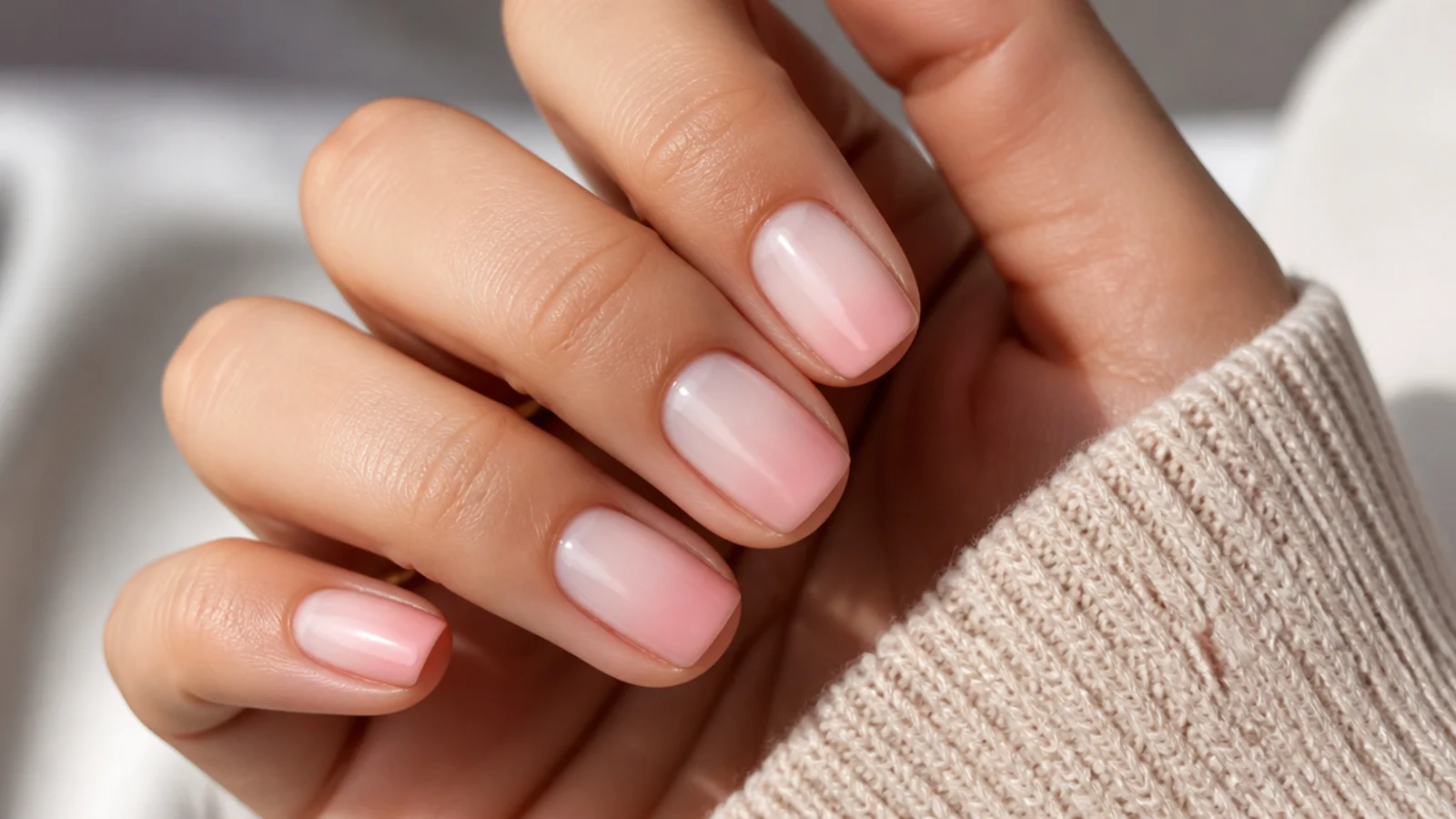 Short nails with a soft gradient fading from pale nude at the cuticle to blush at the tip
