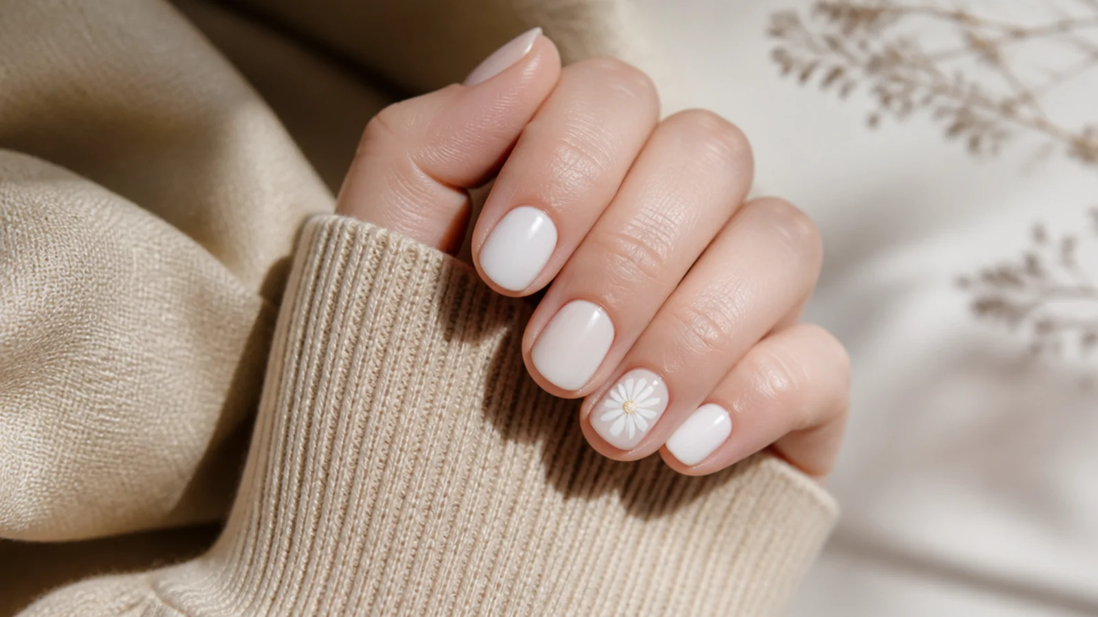 Short nails in milky white with one small white daisy and yellow center on the accent nail