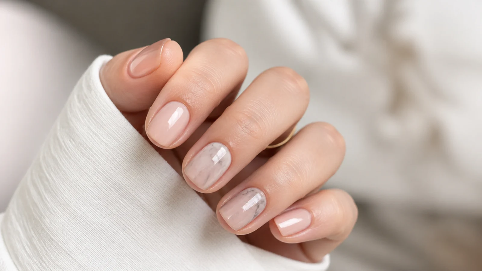 Short nails in sheer nude with fine gray marble swirl veins across two accent nails