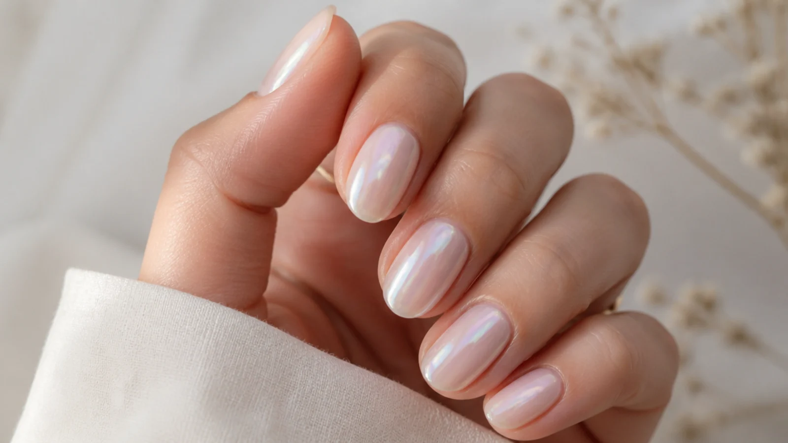 Short almond nails with an iridescent pearl glaze over a sheer milky pink base
