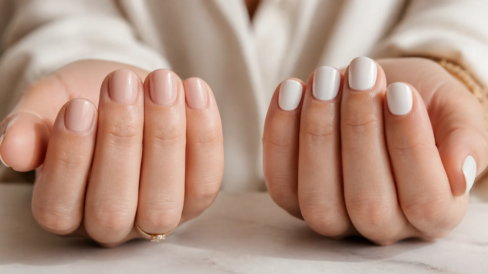 Two hands compared showing a nude polished short nail beside a chalky white short nail