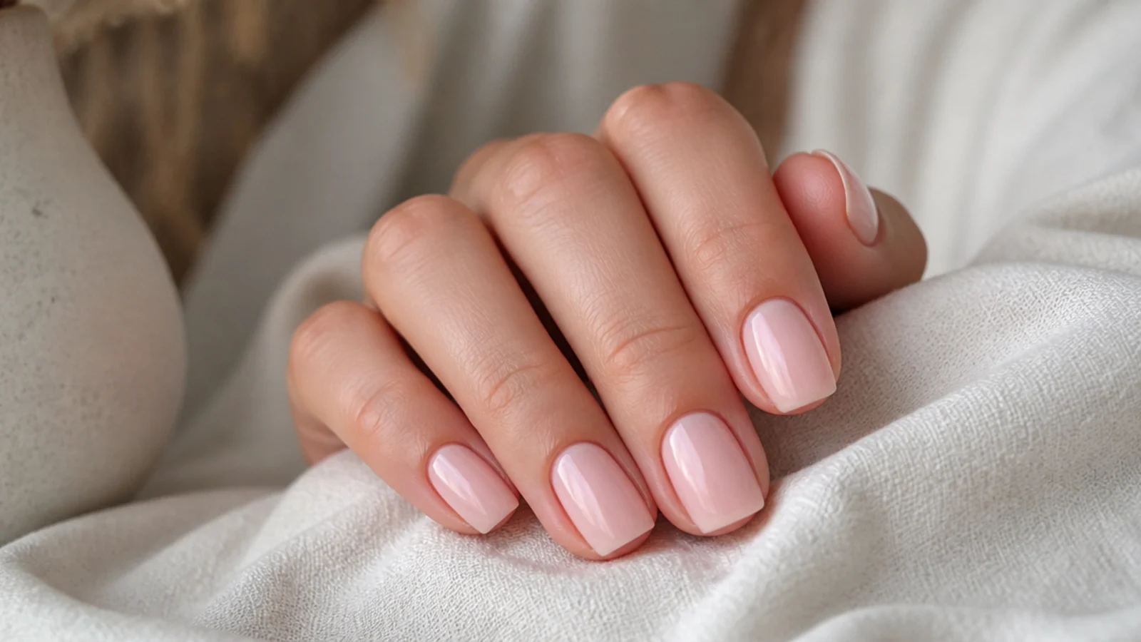 Short squoval nails in milky pink with a glossy top coat resting on a cream linen surface