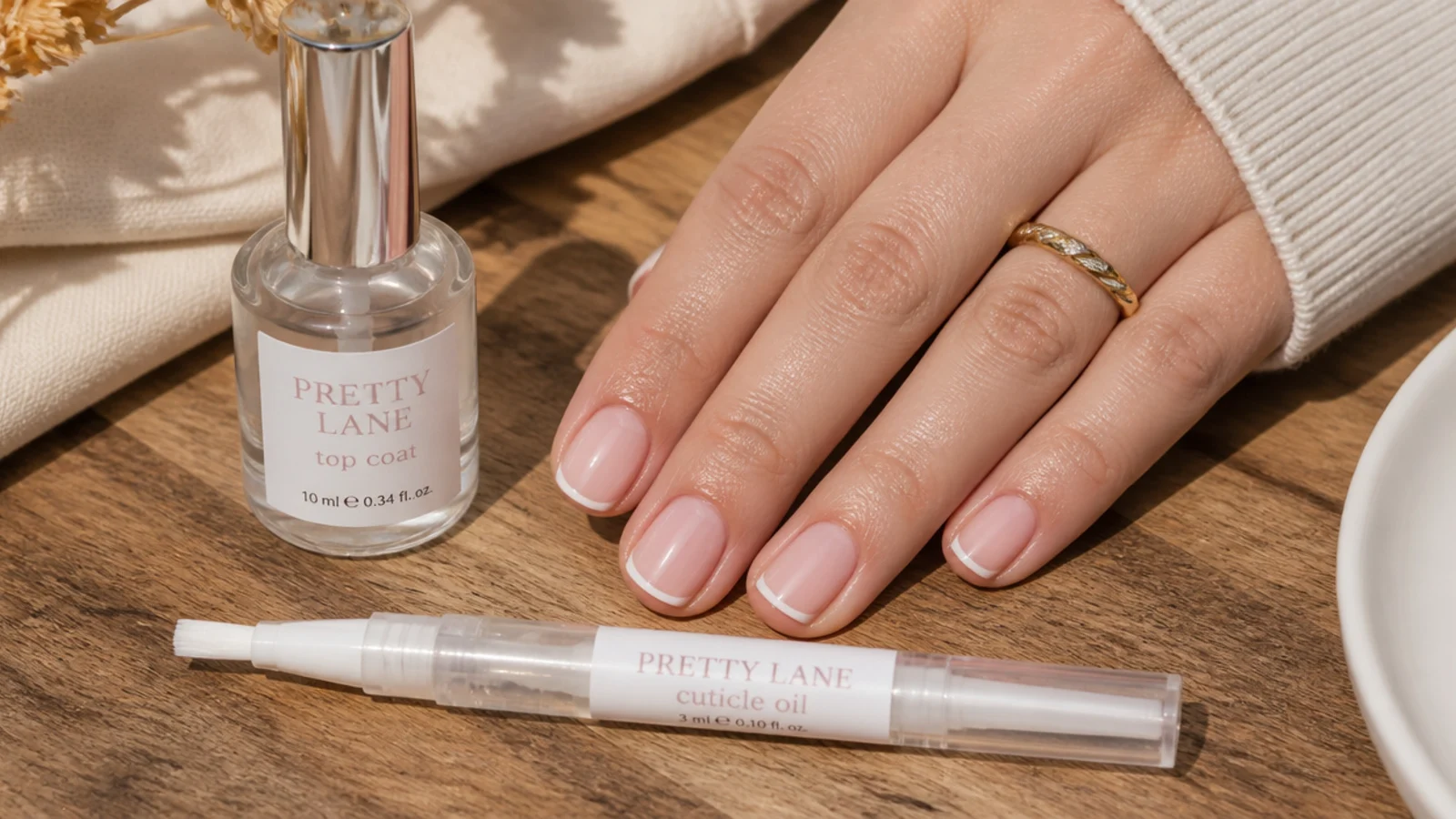 Bottle of clear top coat and cuticle oil pen beside short polished nails on a wooden table