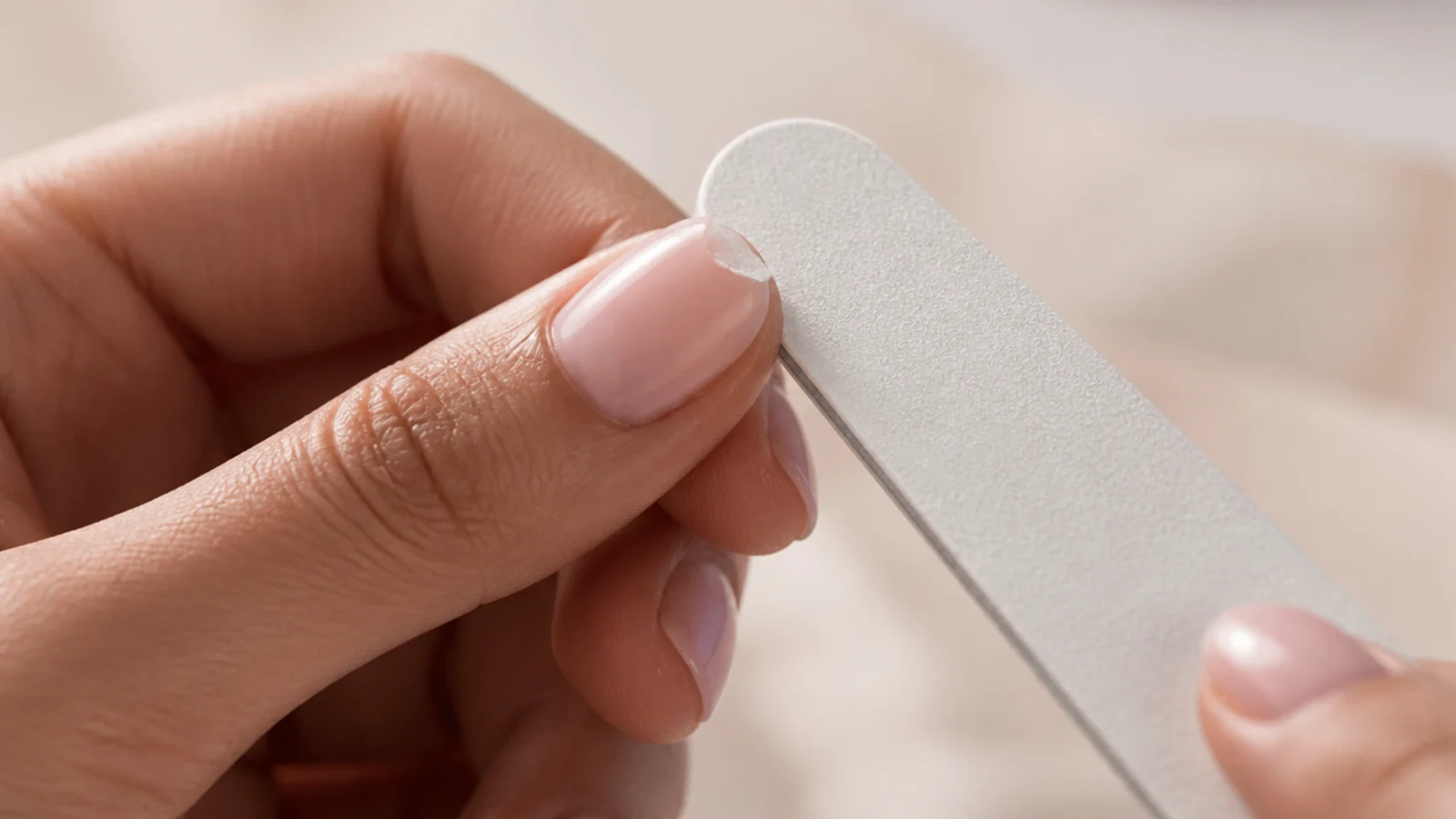 Close-up of a short nail with a small tip chip being smoothed with a fine grit buffer
