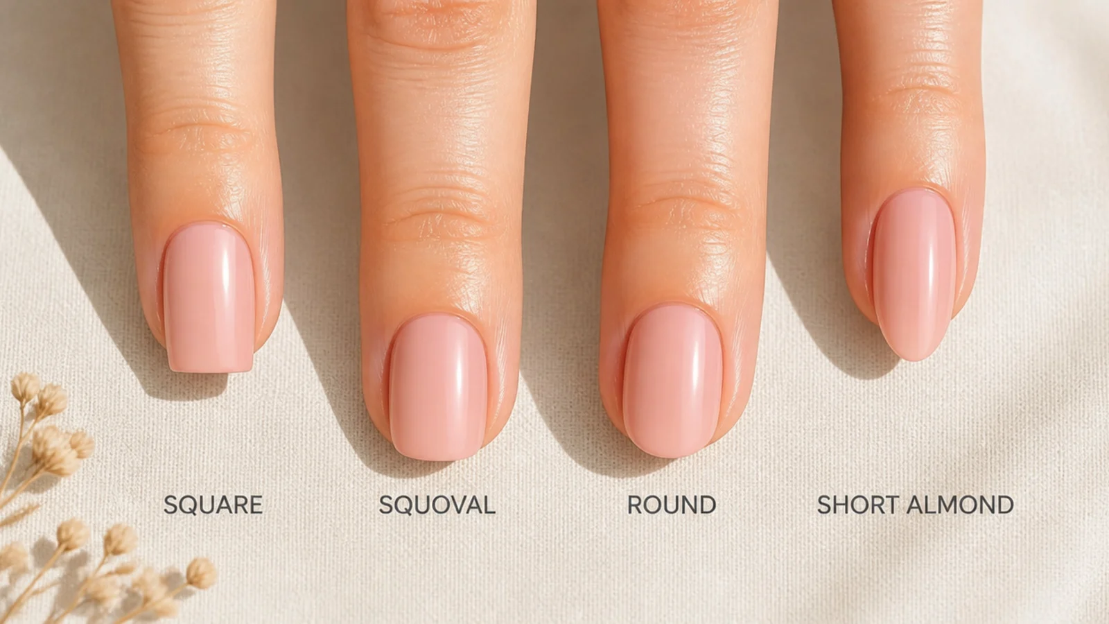 Four short nail shapes compared showing square, squoval, round and short almond filings