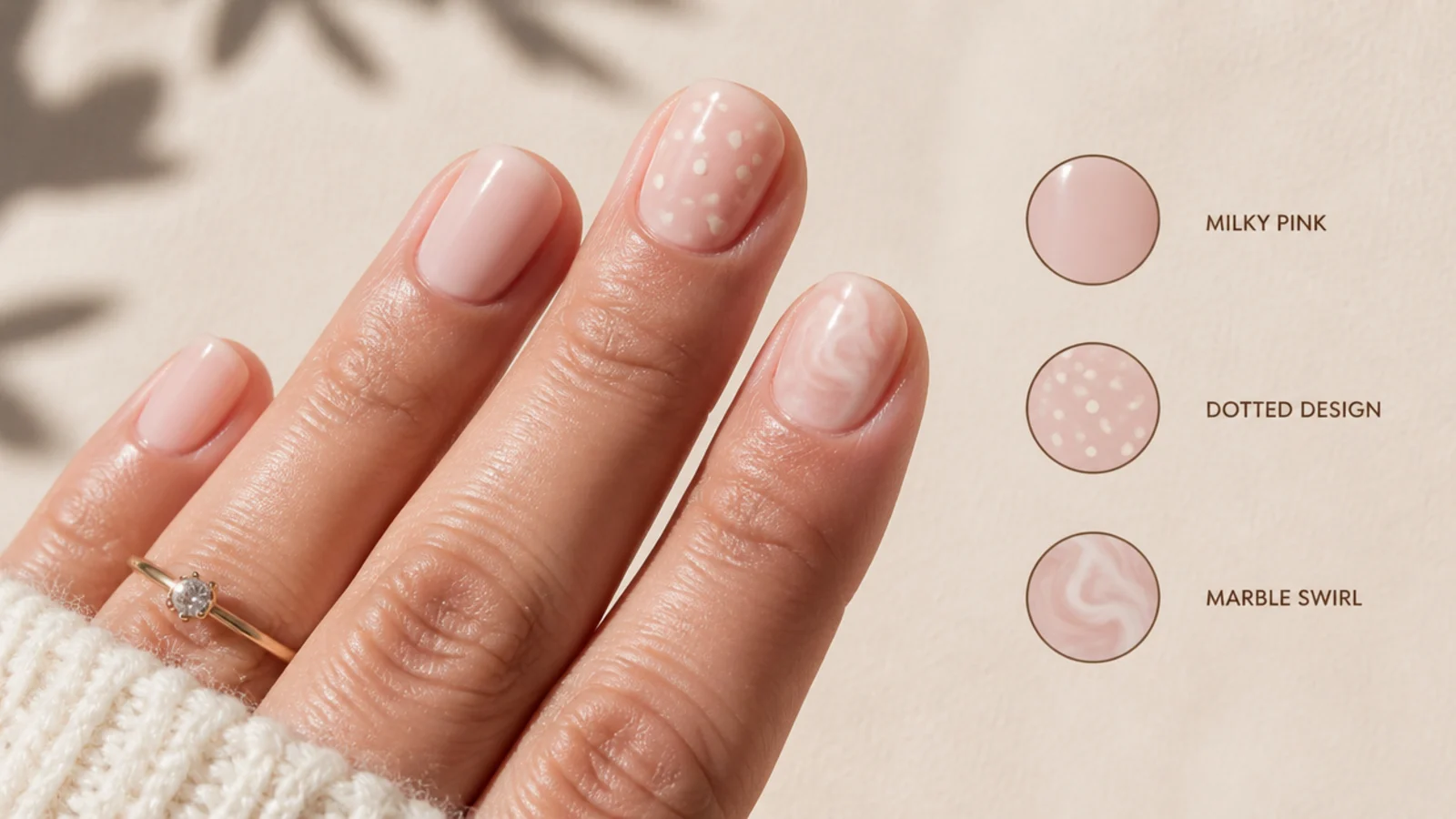Three sets of short nails compared showing a plain milky pink, a dotted design and a marble swirl