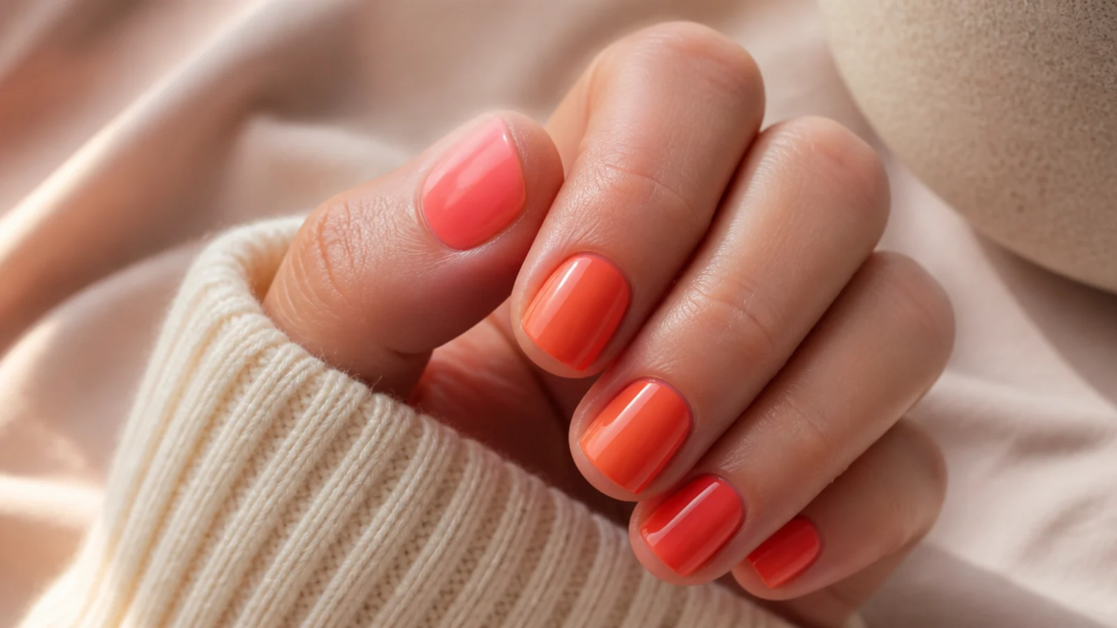 Short square nails in glossy coral orange cream polish with a clean cuticle line