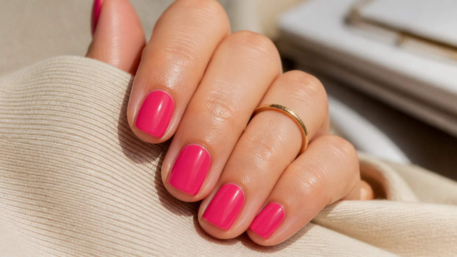 Short nails painted in opaque hot pink cream polish with a high gloss top coat
