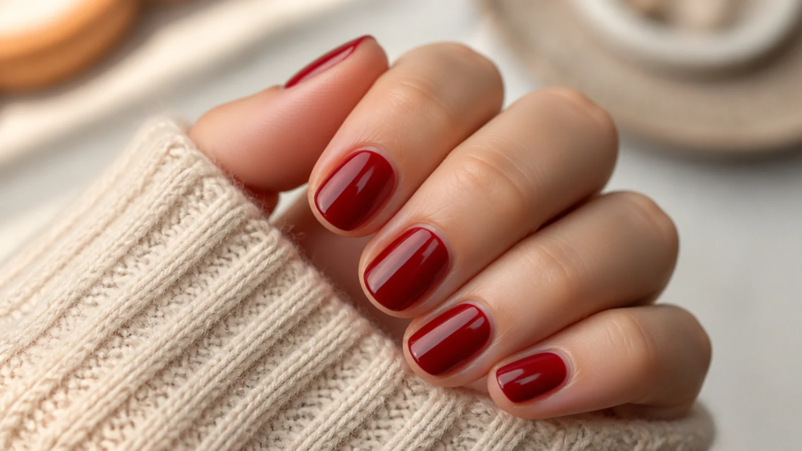 Short oval nails in deep glossy cherry red with a mirror-like top coat shine