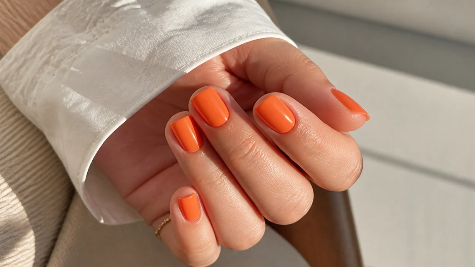 Short nails in bright tangerine orange cream polish photographed in daylight