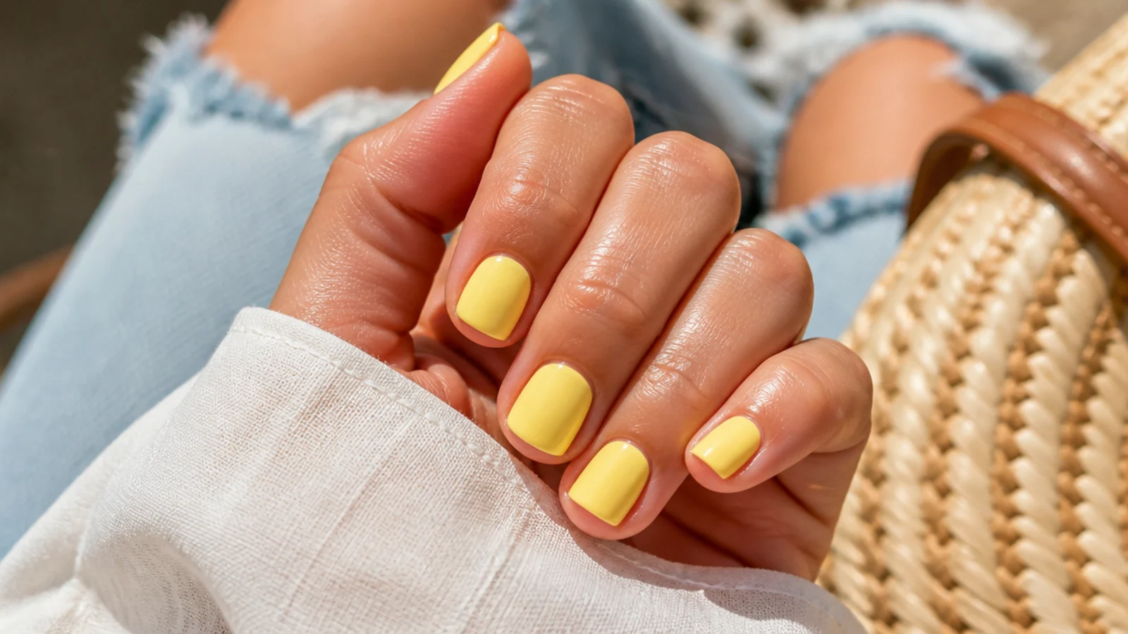 Short square nails in bright sunshine yellow cream polish with crisp painted edges
