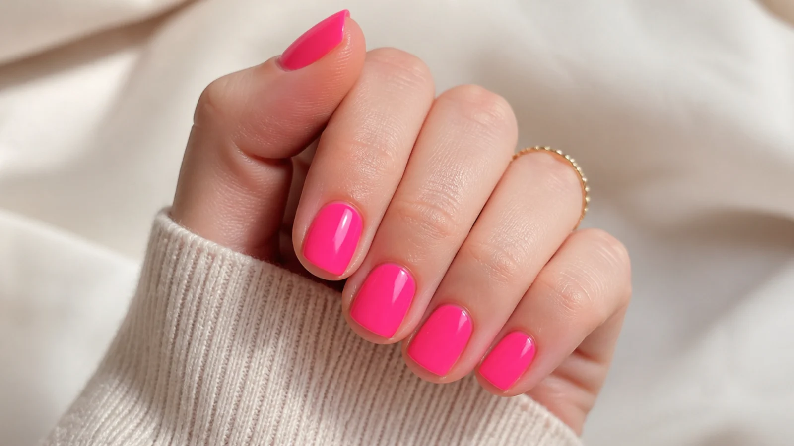 Short nails in neon watermelon pink polish glowing bright against pale skin