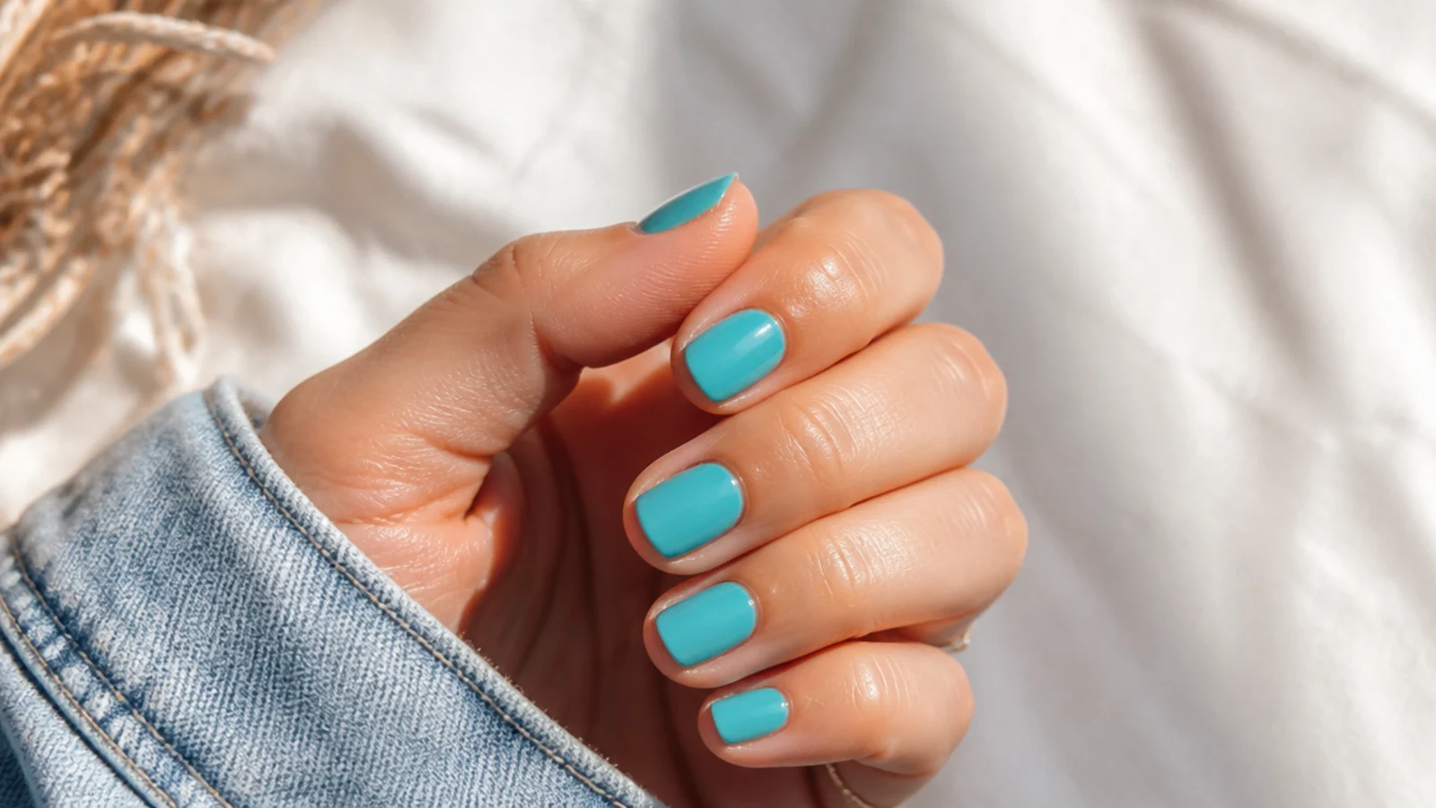 Short nails in bright turquoise blue-green cream polish with a smooth even finish