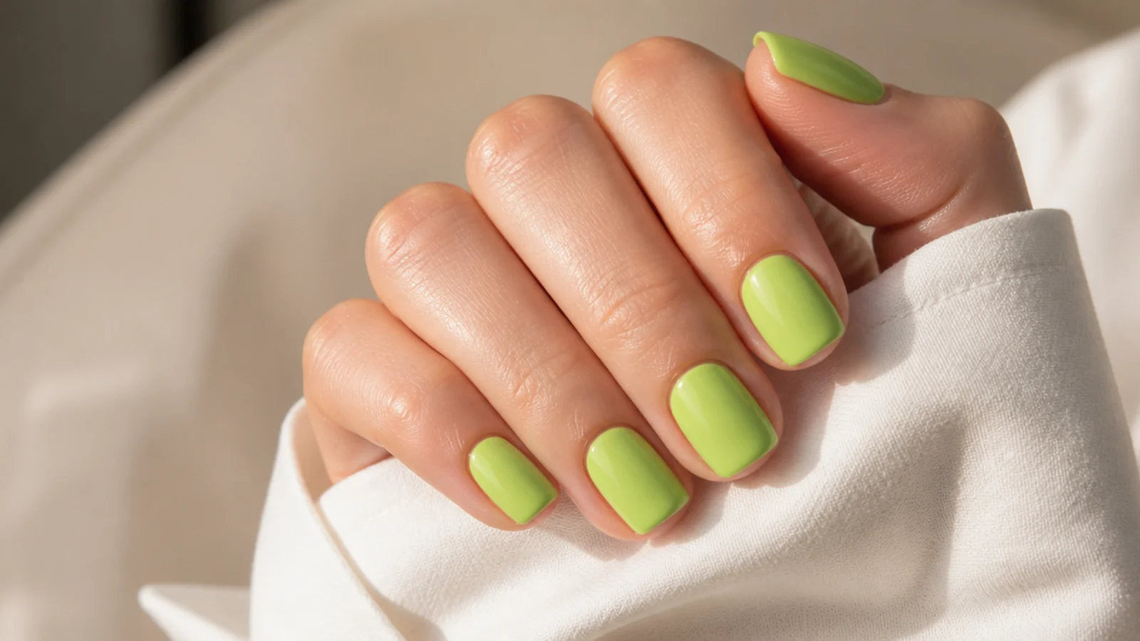 Short square nails in zesty lime green polish with a bright glossy surface