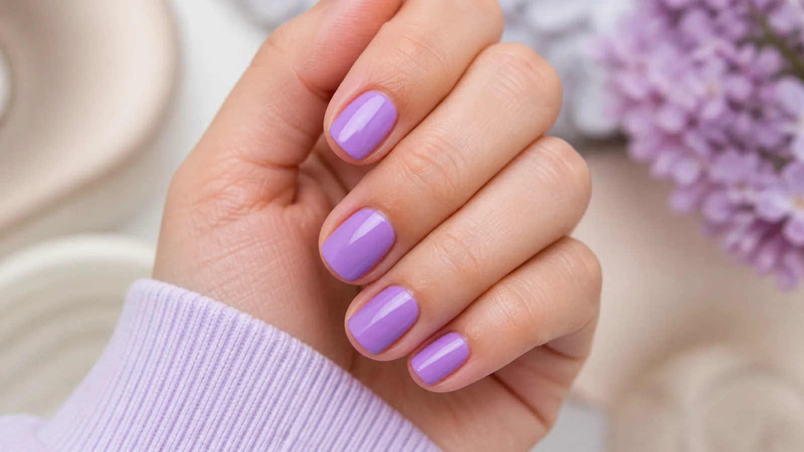 Short nails in bright lilac purple cream polish with a soft glossy finish