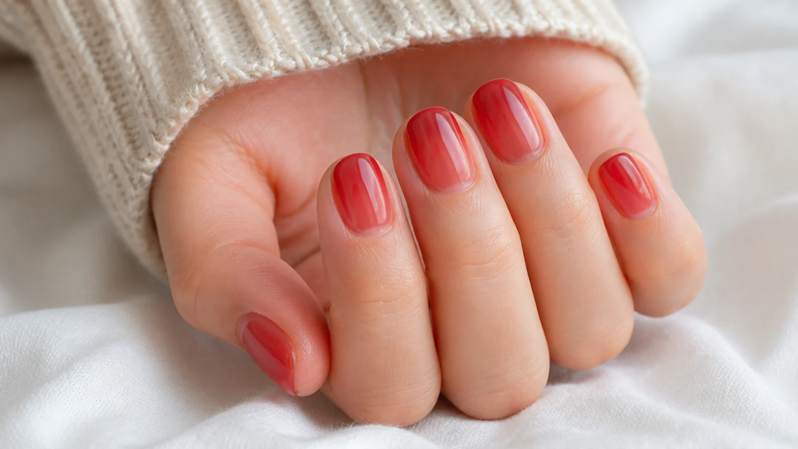 Short nails in translucent strawberry red jelly polish showing the natural nail through the color