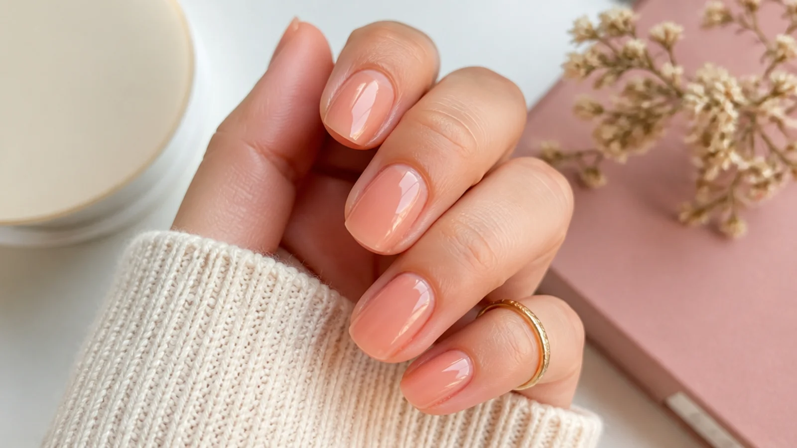Short oval nails in sheer peach jelly polish with a glossy translucent glow