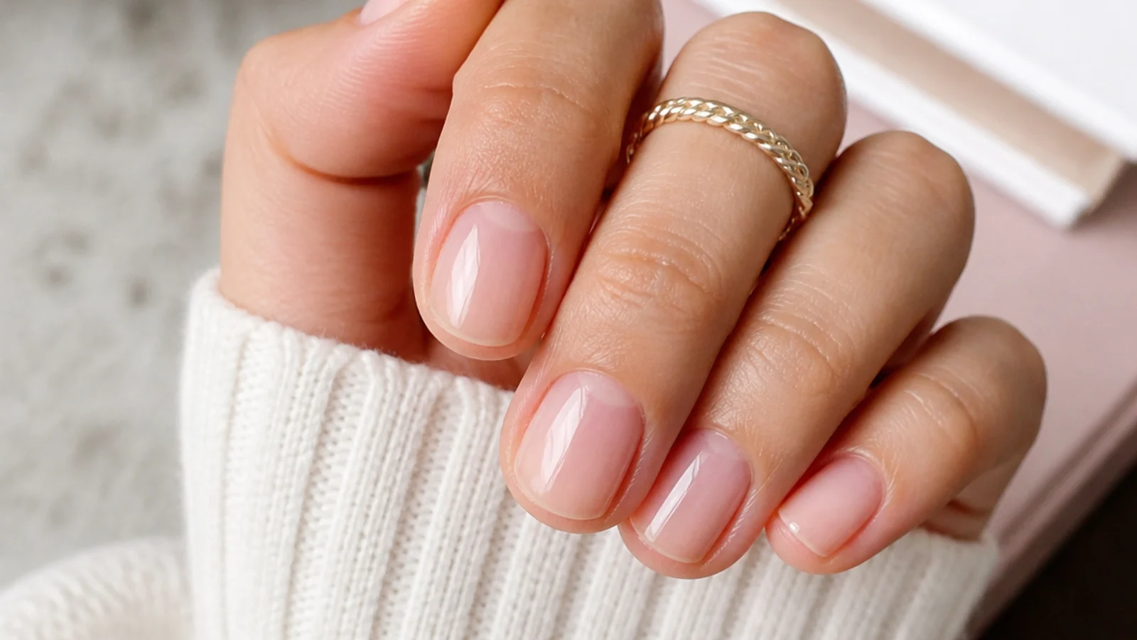 Short natural nails with a high shine clear gloss finish and neat cuticles