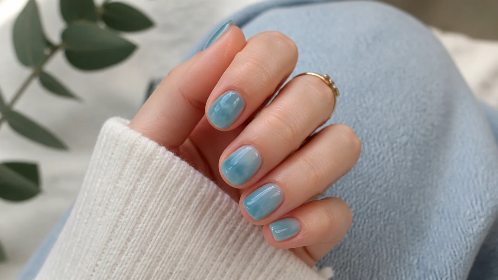 Short nails in translucent sheer blue jelly polish with a sea glass effect